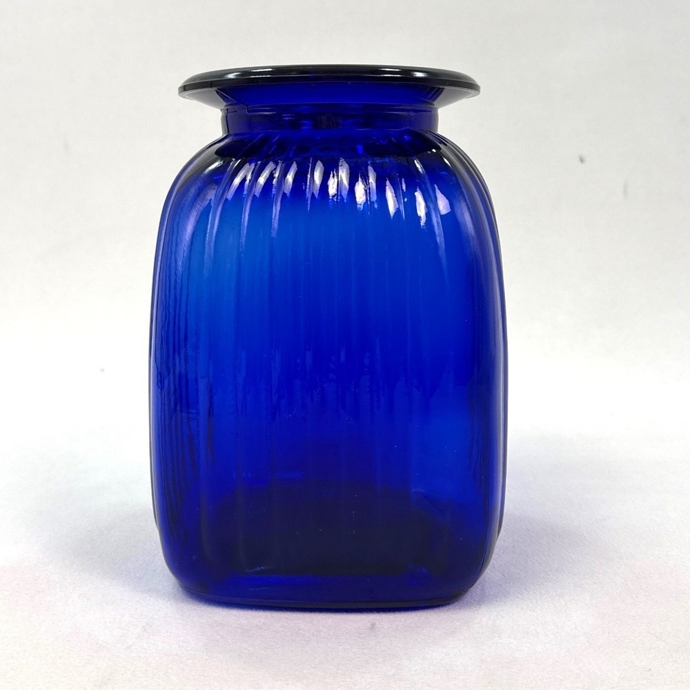 Cobalt Blue Ribbed Glass Vase Square Base Wide Rim Mid-Century Modern Style
